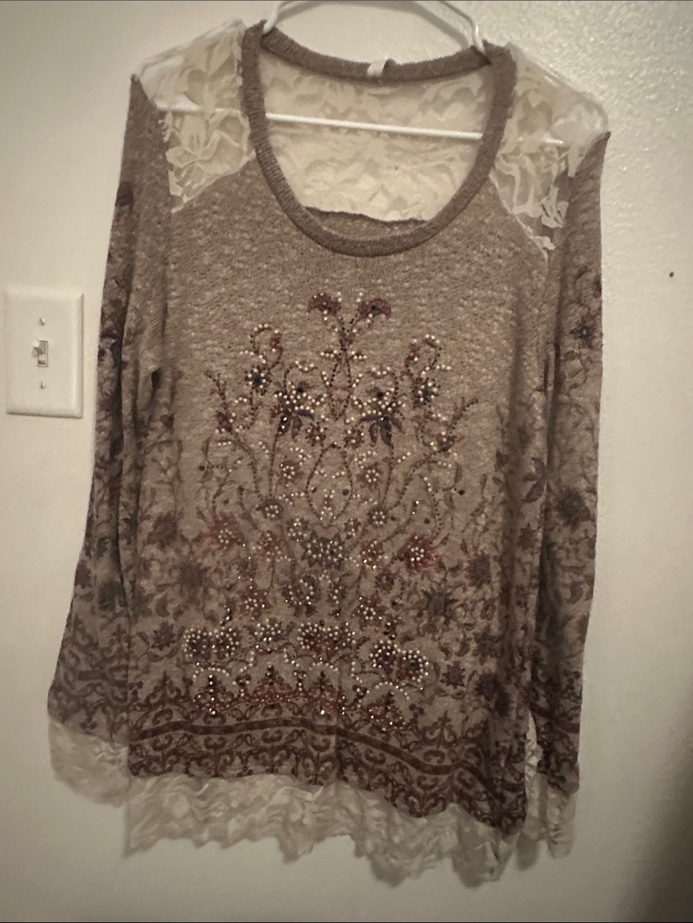 Embellished Lace-Accent Long-Sleeve Top in Taupe